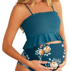 Maternity Turquoise Smocked Ruffle Top